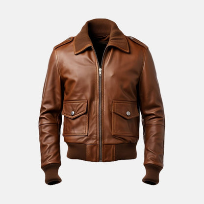 Men's Brown Leather Bomber Jacket with Knit Shirt Collar, front view