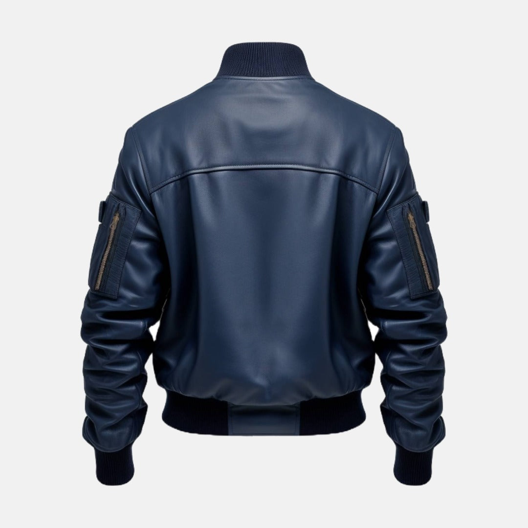 Men's Navy Leather Bomber Jacket with Ribbed Collar, back view