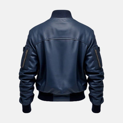 Men's Navy Leather Bomber Jacket with Ribbed Collar, back view