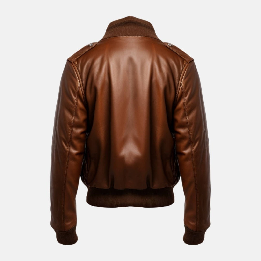 Men's Brown Leather Bomber Jacket with Knit Shirt Collar, back view