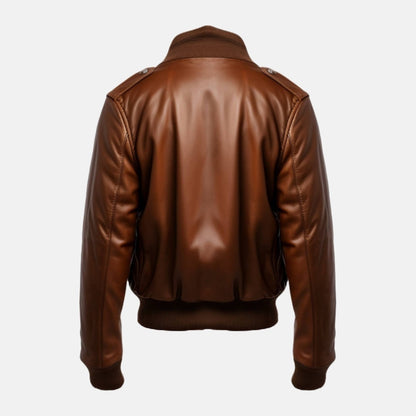 Men's Brown Leather Bomber Jacket with Knit Shirt Collar, back view