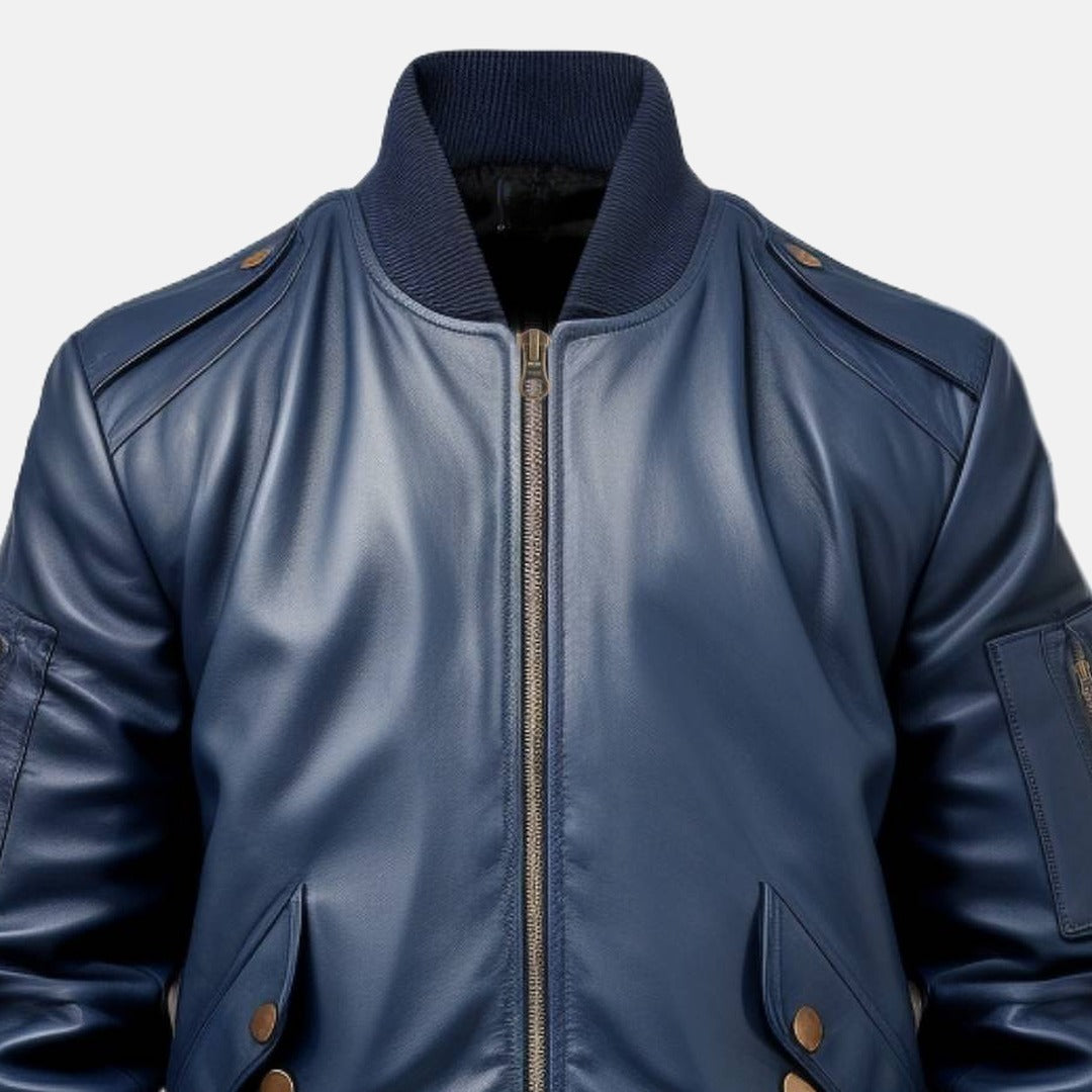 Men's Navy Leather Bomber Jacket with Ribbed Collar, close-up of collar and zip