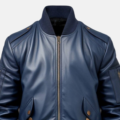 Men's Navy Leather Bomber Jacket with Ribbed Collar, close-up of collar and zip