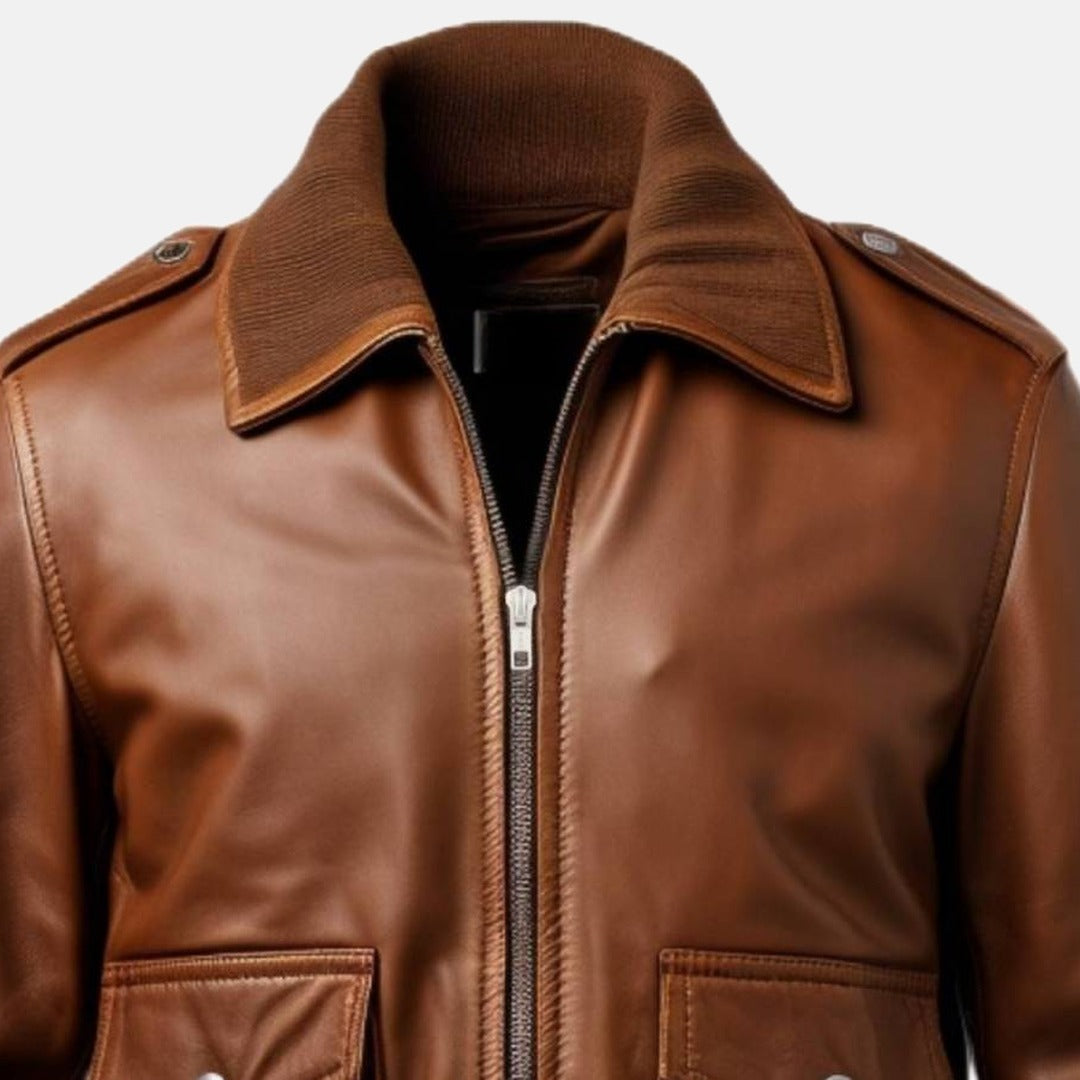 Men's Brown Leather Bomber Jacket with Knit Shirt Collar, close-up of collar and zip