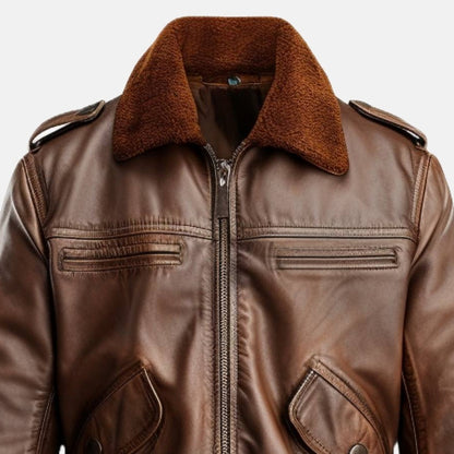 Men's 70s Vintage Brown Leather Bomber Jacket, close-up of collar and zip