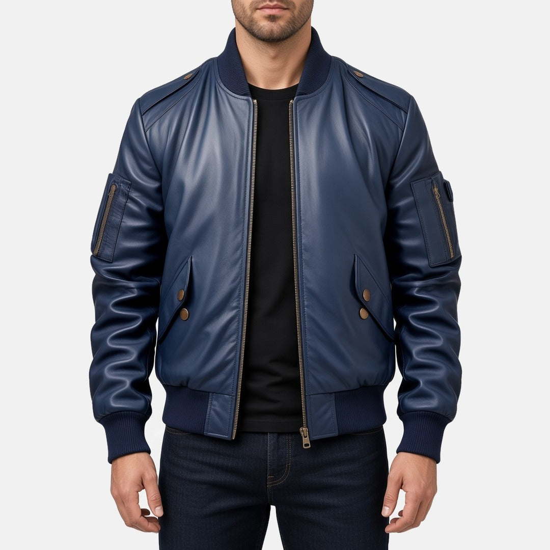 Men's Navy Leather Bomber Jacket with Ribbed Collar, front view on model