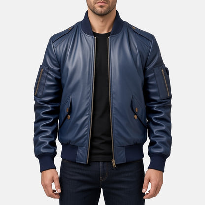 Men's Navy Leather Bomber Jacket with Ribbed Collar, front view on model