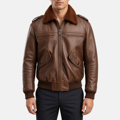 Men's 70s Vintage Brown Leather Bomber Jacket, front view on model