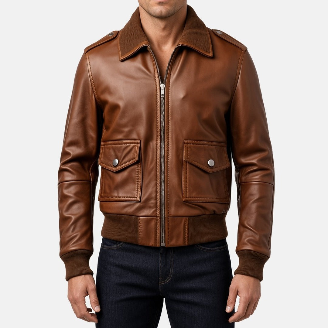 Men's Brown Leather Bomber Jacket with Knit Shirt Collar, front view on model