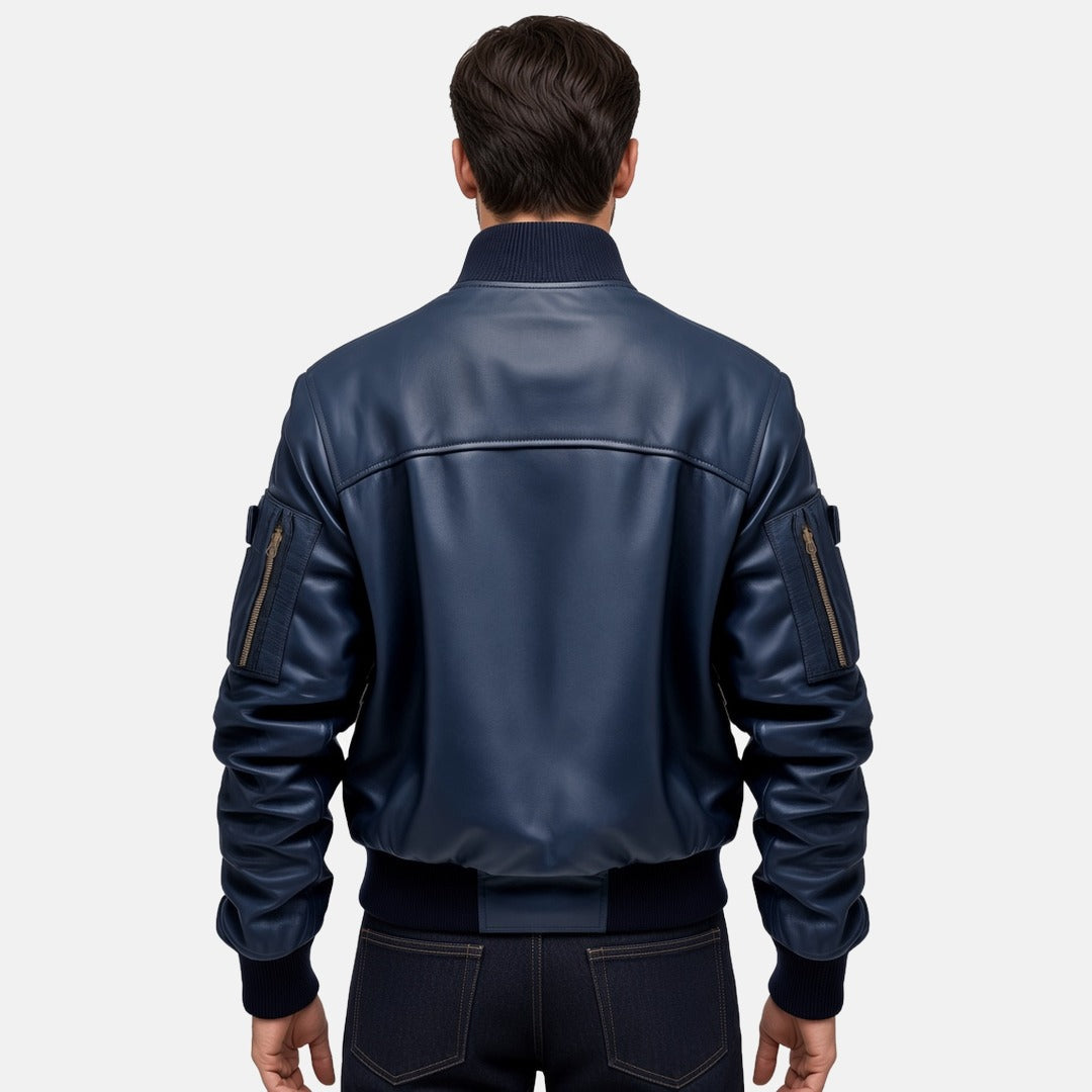 Men's Navy Leather Bomber Jacket with Ribbed Collar, back view on model