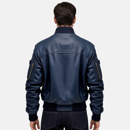 Men's Navy Leather Bomber Jacket with Ribbed Collar, back view on model