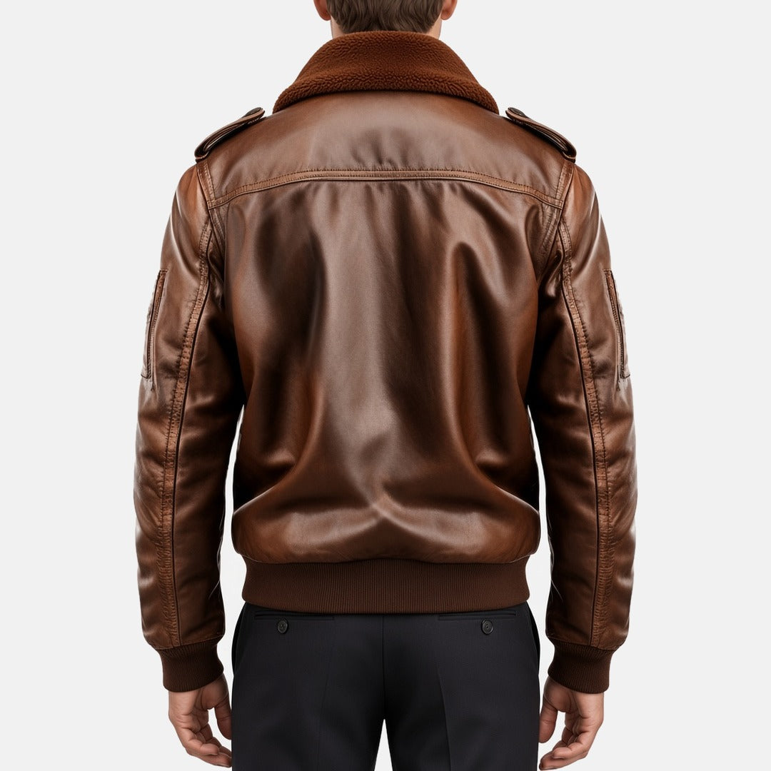 Men's 70s Vintage Brown Leather Bomber Jacket, back view on model