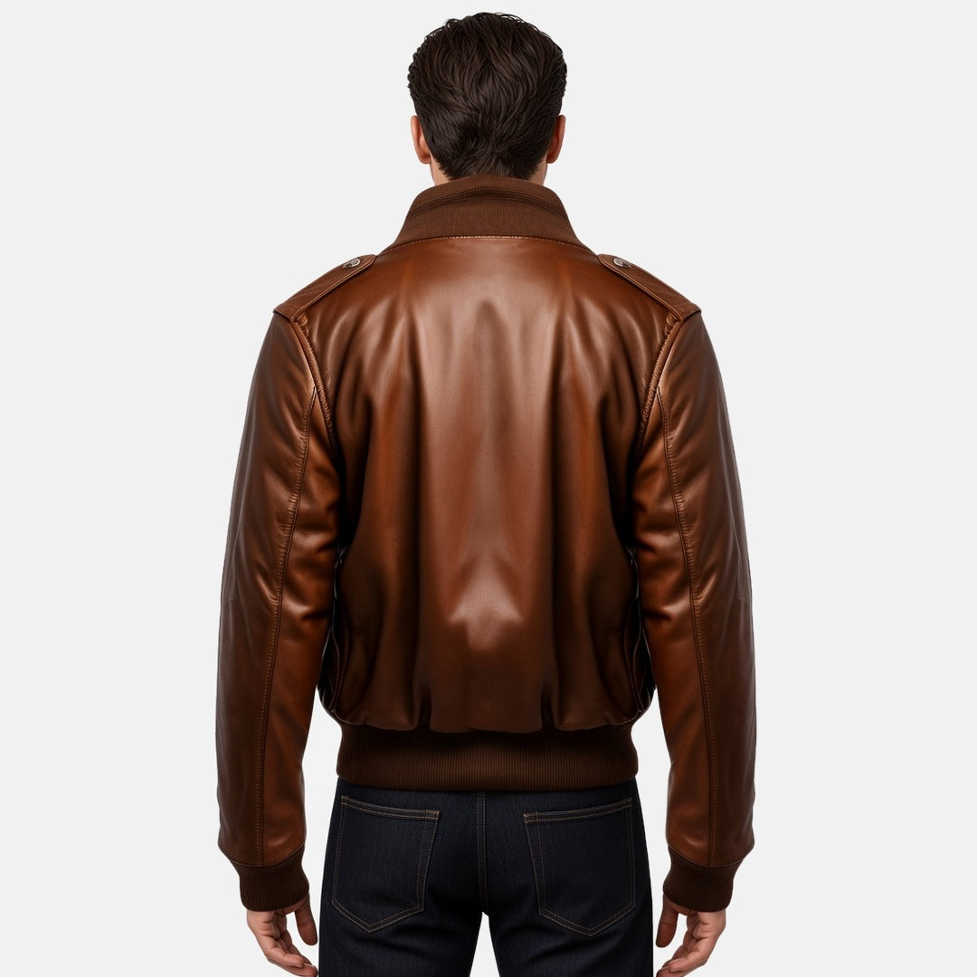 Men's Brown Leather Bomber Jacket with Knit Shirt Collar, back view on model