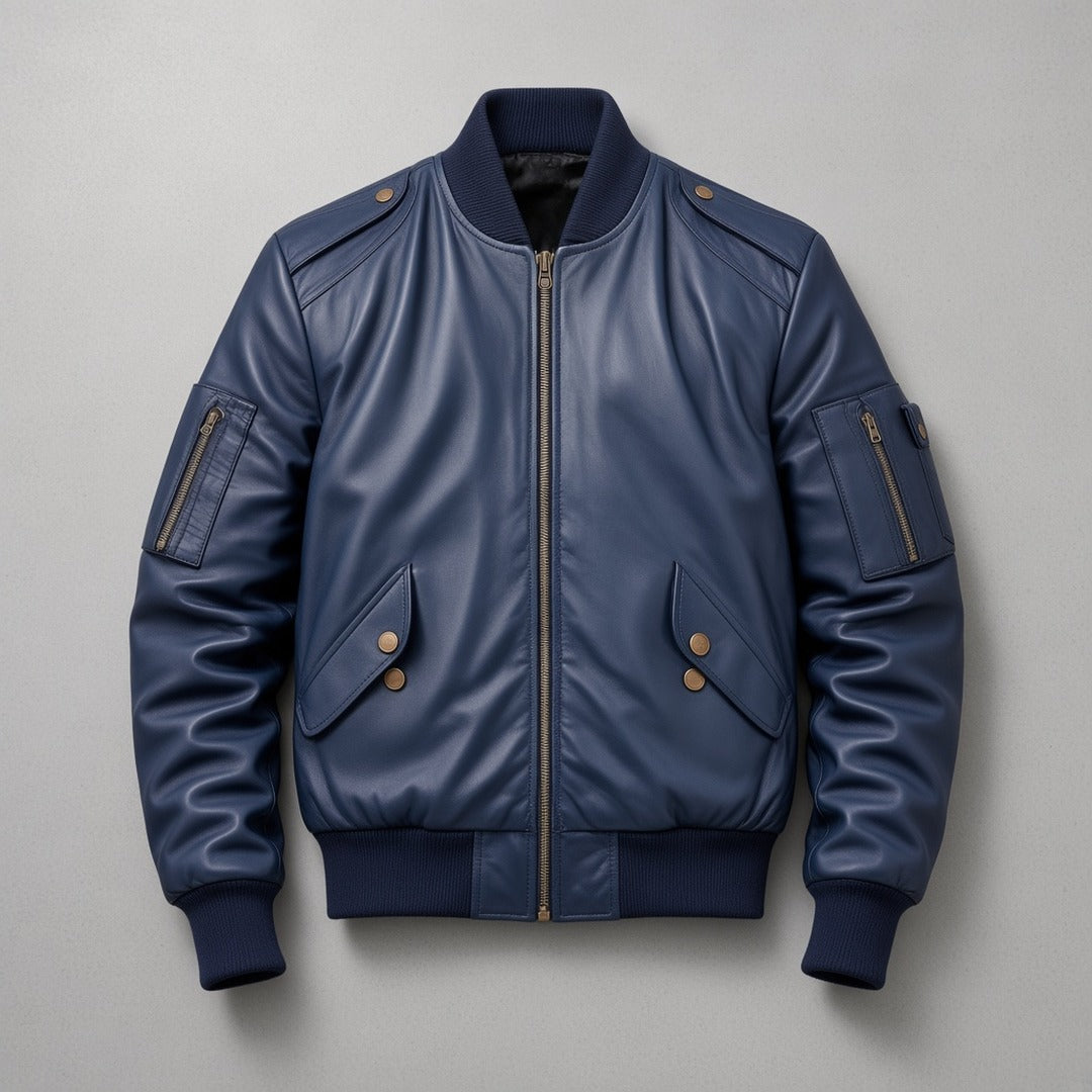 Men's Navy Leather Bomber Jacket with Ribbed Collar, flat lay
