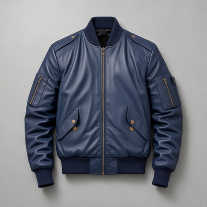Men's Navy Leather Bomber Jacket with Ribbed Collar, flat lay