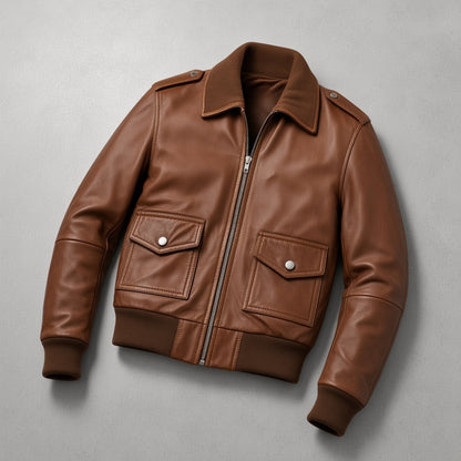 Men's Brown Leather Bomber Jacket with Knit Shirt Collar, flat lay