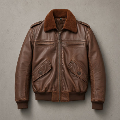 Men's 70s Vintage Brown Leather Bomber Jacket, flat lay