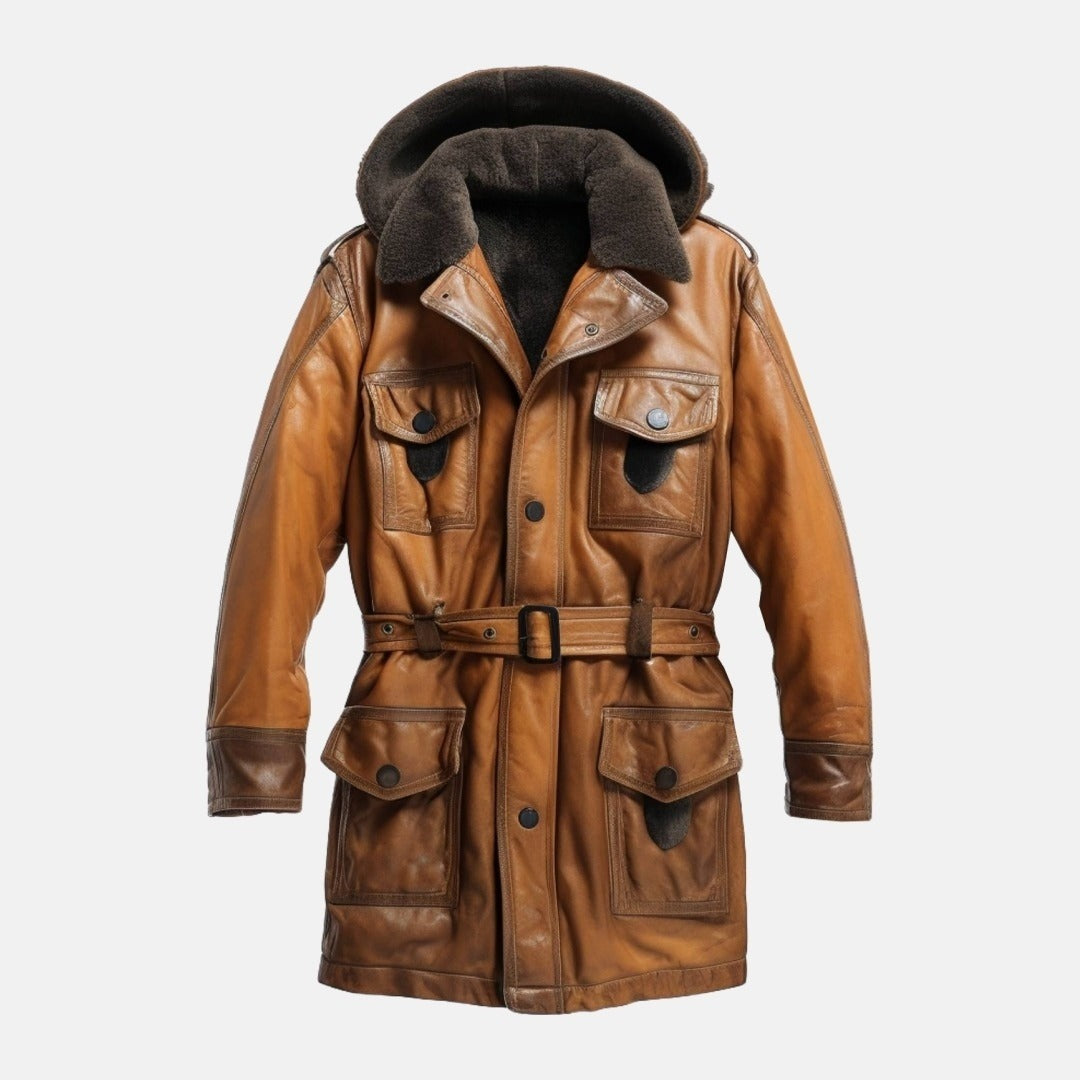 Men's Tan Brown Leather Hooded Shearling-Style Coat with Faux Fur Lining, front view