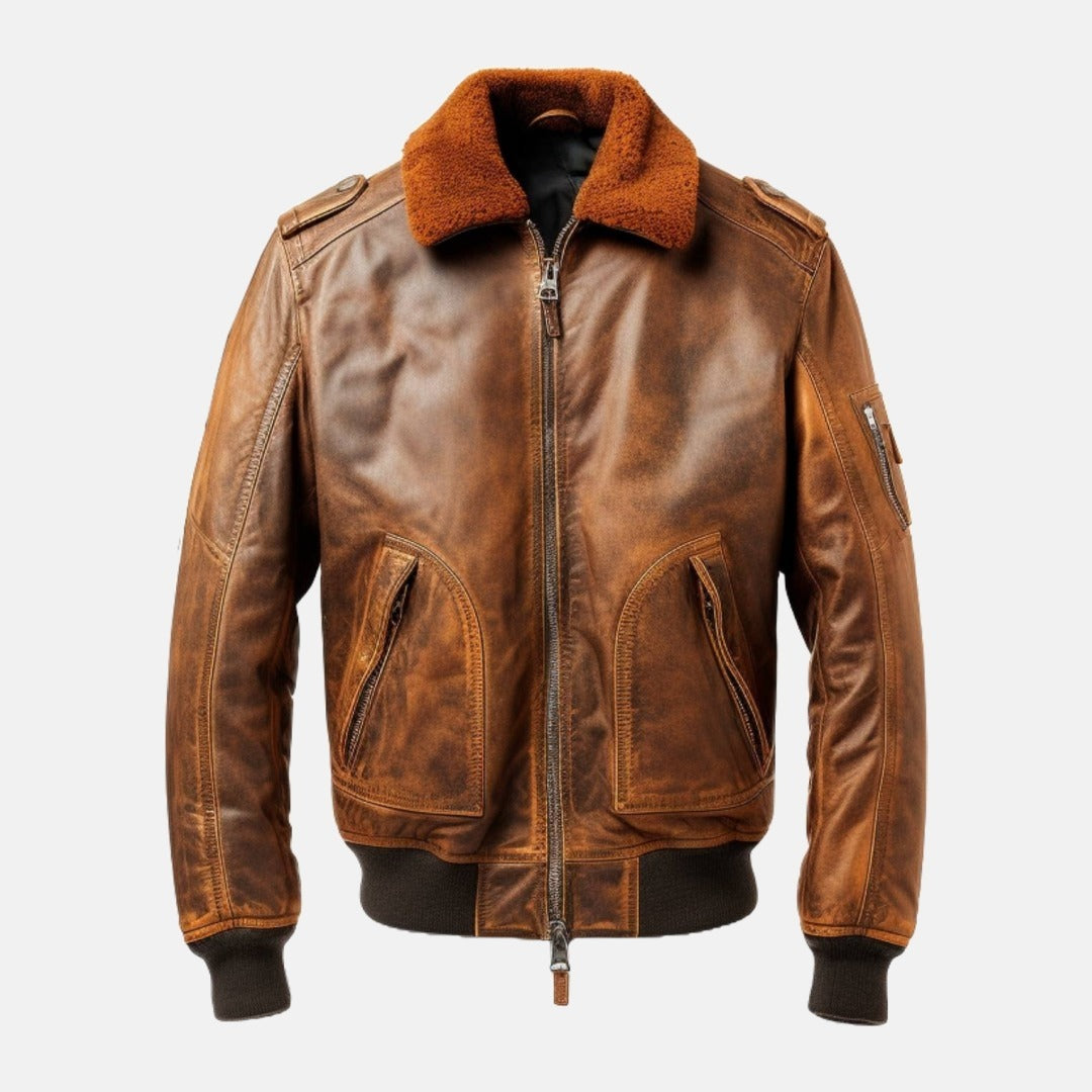 Men's Distressed Tan Brown Leather Flight Bomber Jacket with Faux Fur Collar, front view
