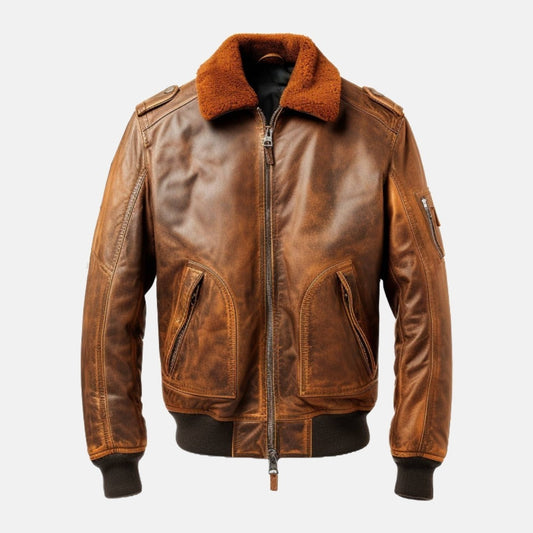 Men's Distressed Tan Brown Leather Flight Bomber Jacket with Faux Fur Collar, front view