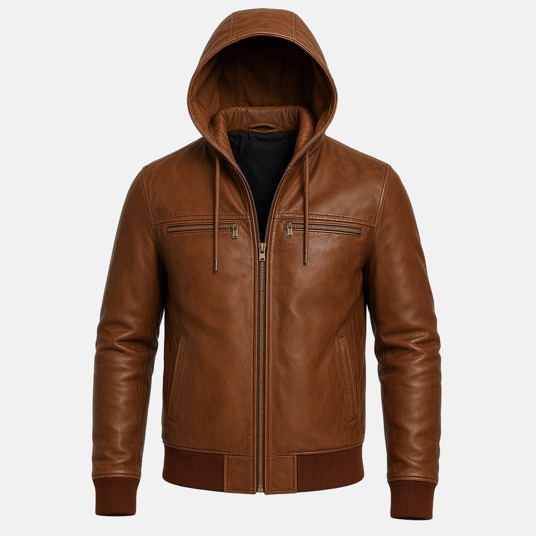 Men's Vintage Distressed Brown Leather Hooded Bomber Jacket, front view