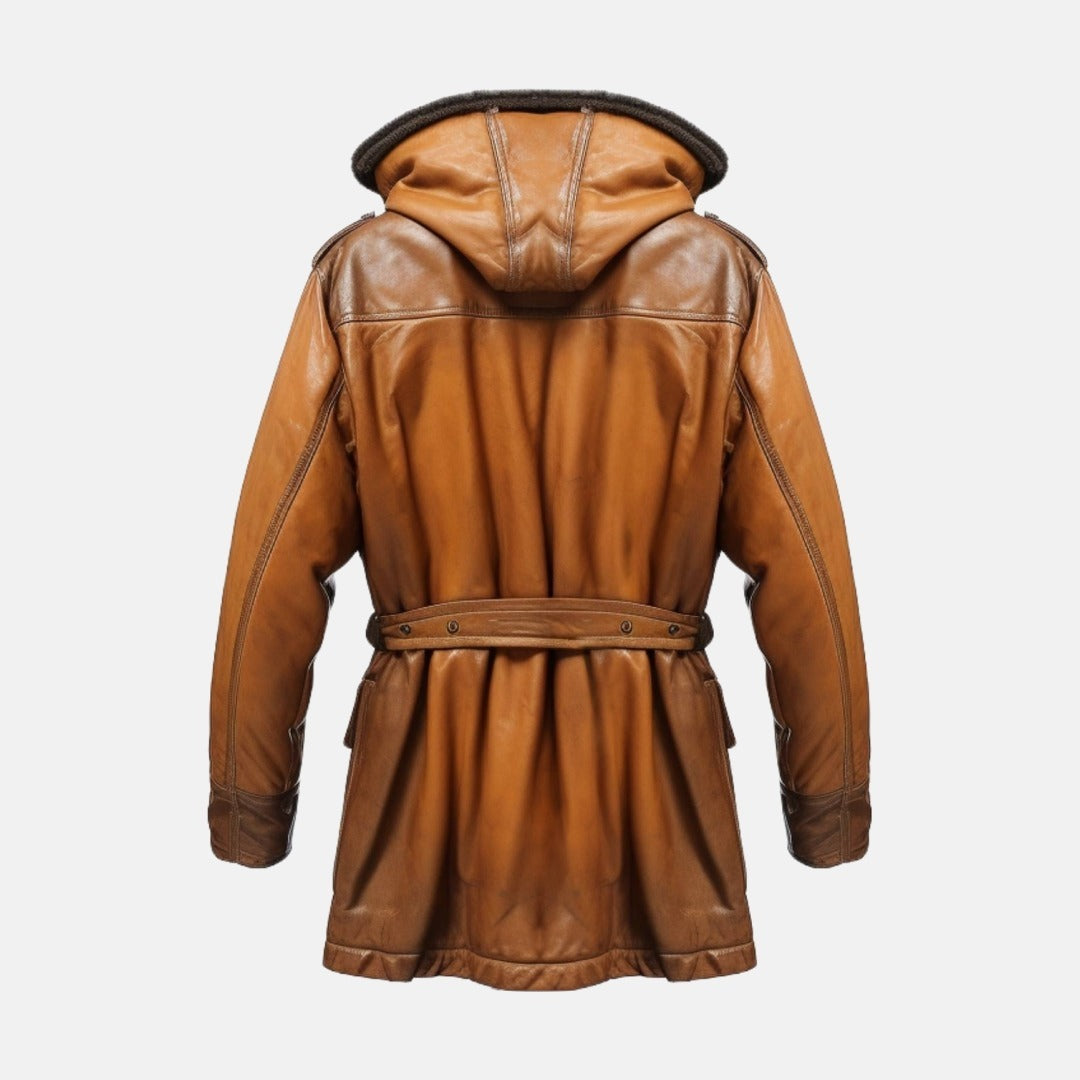 Men's Tan Brown Leather Hooded Shearling-Style Coat with Faux Fur Lining, back view