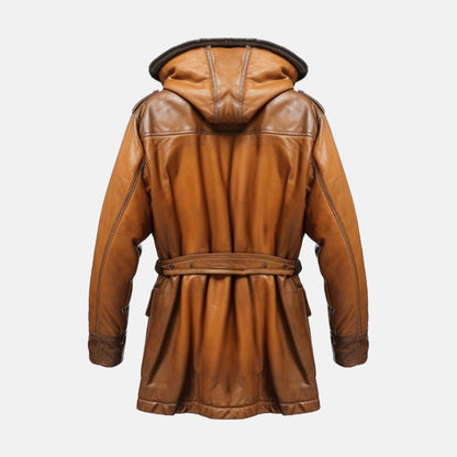 Men's Tan Brown Leather Hooded Shearling-Style Coat with Faux Fur Lining, back view