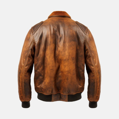 Men's Distressed Tan Brown Leather Flight Bomber Jacket with Faux Fur Collar, back view