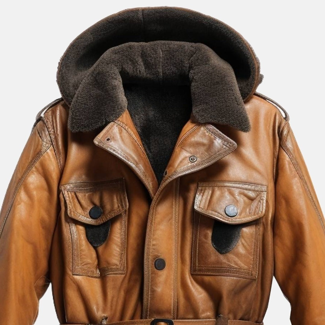 Men's Tan Brown Leather Hooded Shearling-Style Coat with Faux Fur Lining, close-up of faux fur-lined hood, button front and chest flap pockets