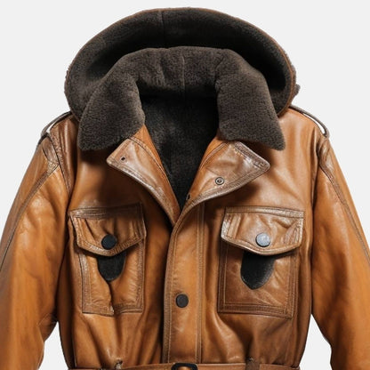 Men's Tan Brown Leather Hooded Shearling-Style Coat with Faux Fur Lining, close-up of faux fur-lined hood, button front and chest flap pockets