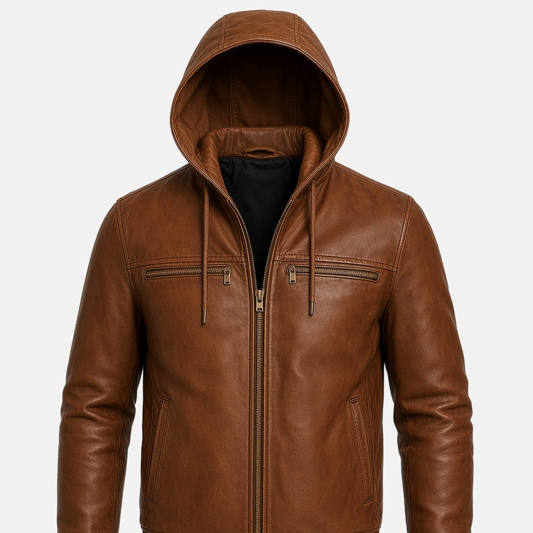 Men's Vintage Distressed Brown Leather Hooded Bomber Jacket, close-up of collar and zip