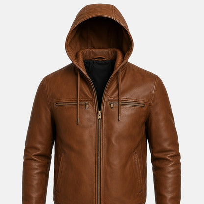 Men's Vintage Distressed Brown Leather Hooded Bomber Jacket, close-up of collar and zip
