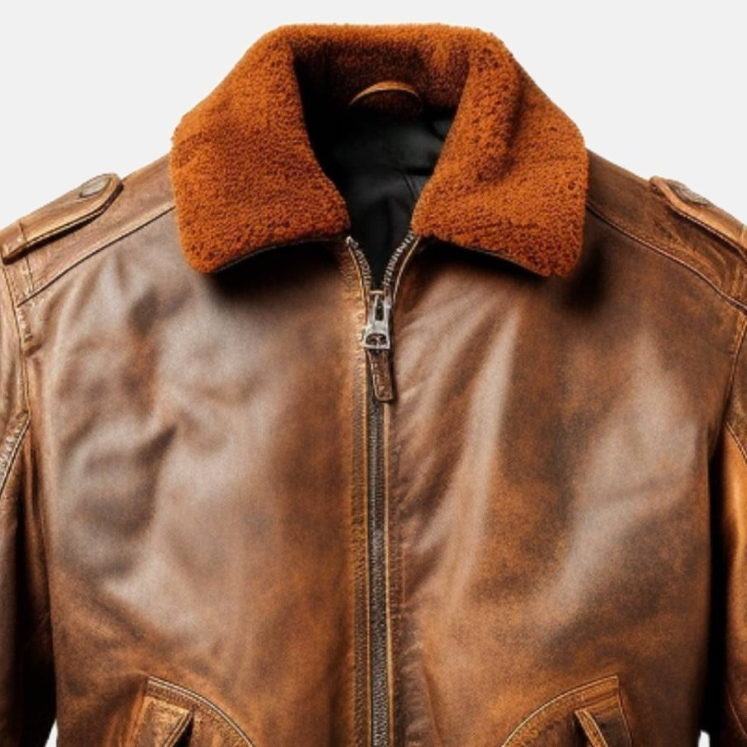 Men's Distressed Tan Brown Leather Flight Bomber Jacket with Faux Fur Collar, close-up of collar and zip