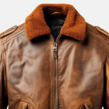 Men's Distressed Tan Brown Leather Flight Bomber Jacket with Faux Fur Collar, close-up of collar and zip