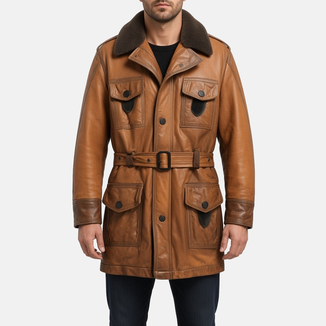 Men's Tan Brown Leather Hooded Shearling-Style Coat with Faux Fur Lining, front view on model