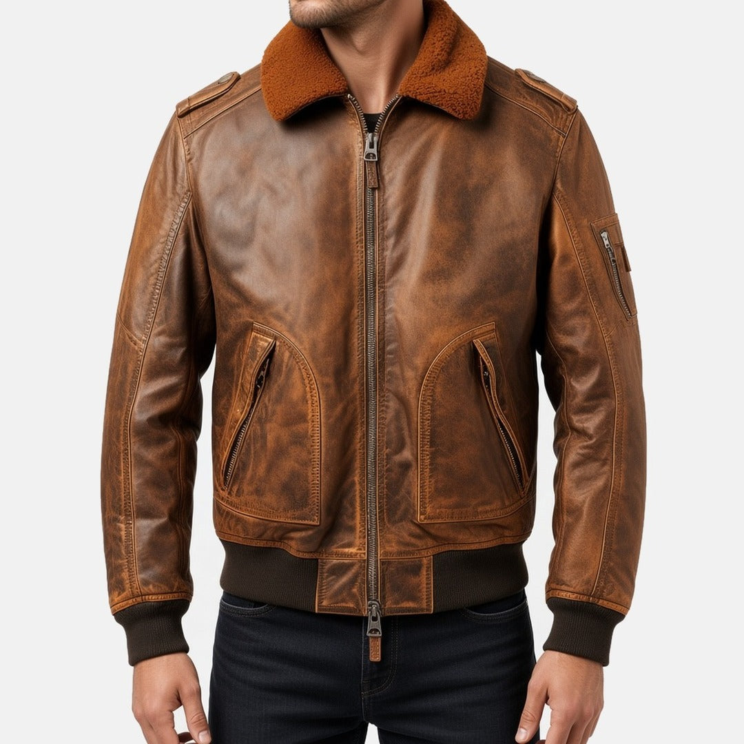 Men's Distressed Tan Brown Leather Flight Bomber Jacket with Faux Fur Collar, front view on model