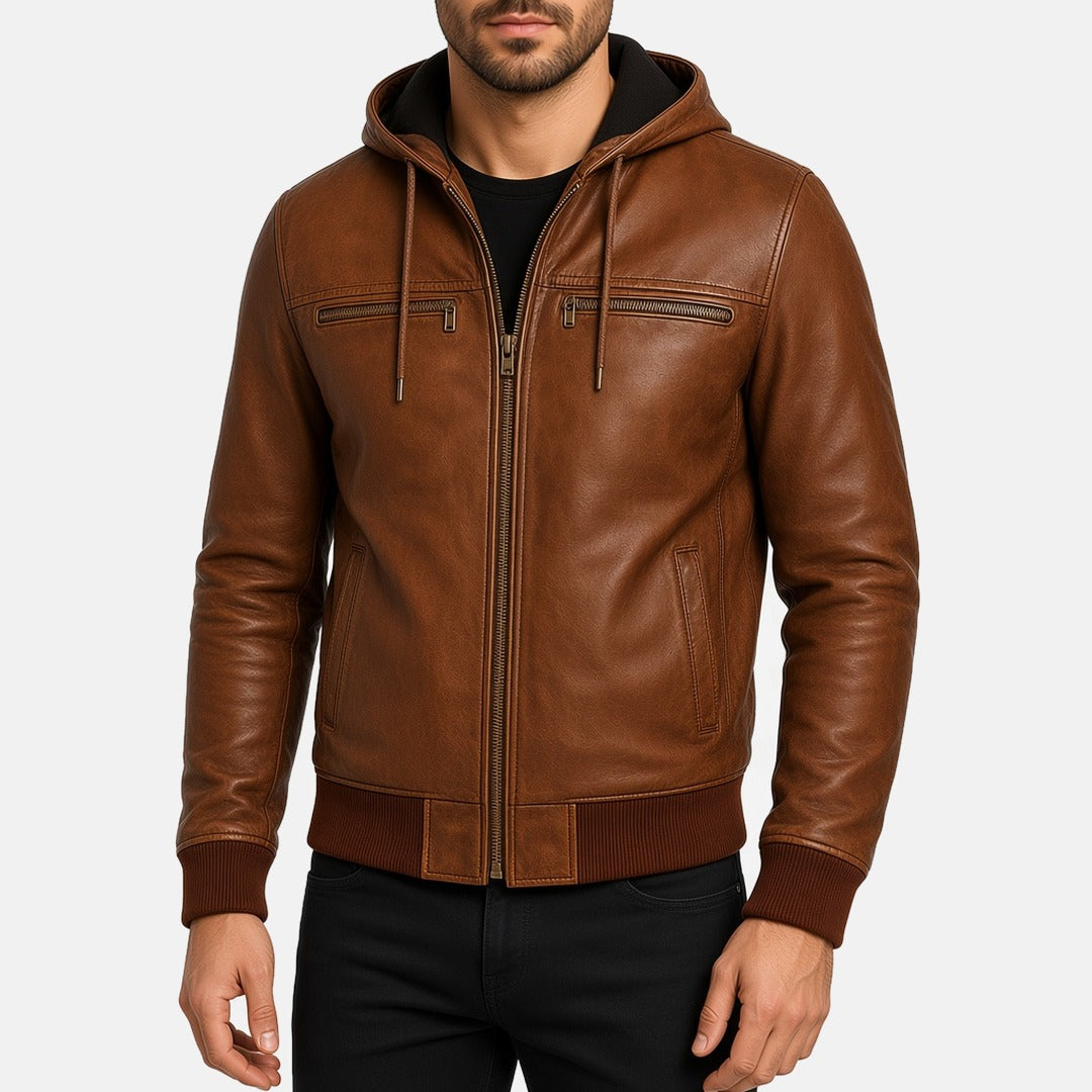 Men's Vintage Distressed Brown Leather Hooded Bomber Jacket, front view on model
