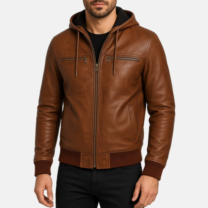 Men's Vintage Distressed Brown Leather Hooded Bomber Jacket, front view on model