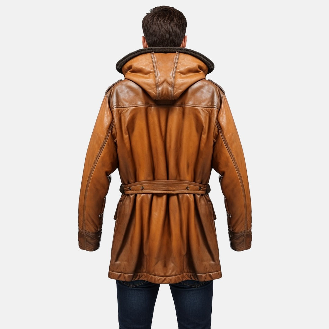 Men's Tan Brown Leather Hooded Shearling-Style Coat with Faux Fur Lining, back view on model