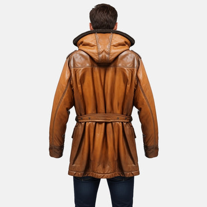 Men's Tan Brown Leather Hooded Shearling-Style Coat with Faux Fur Lining, back view on model