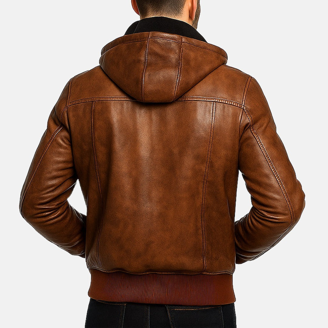 Men's Vintage Distressed Brown Leather Hooded Bomber Jacket, back view on model
