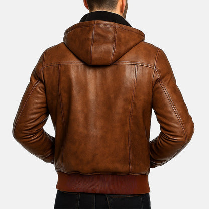Men's Vintage Distressed Brown Leather Hooded Bomber Jacket, back view on model