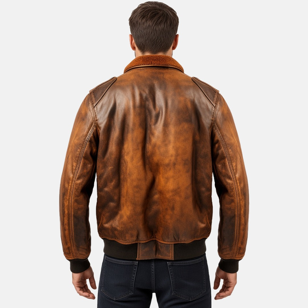 Men's Distressed Tan Brown Leather Flight Bomber Jacket with Faux Fur Collar, back view on model