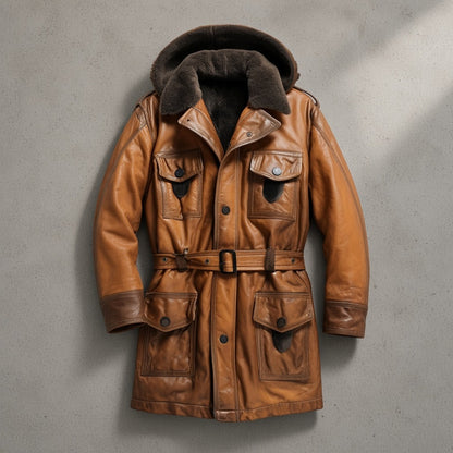 Men's Tan Brown Leather Hooded Shearling-Style Coat with Faux Fur Lining, flat lay