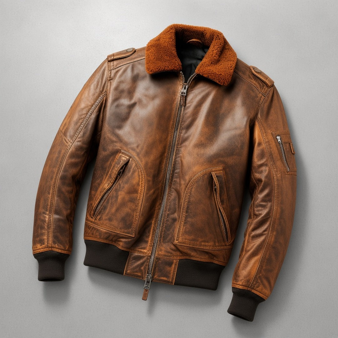 Men's Distressed Tan Brown Leather Flight Bomber Jacket with Faux Fur Collar, flat lay