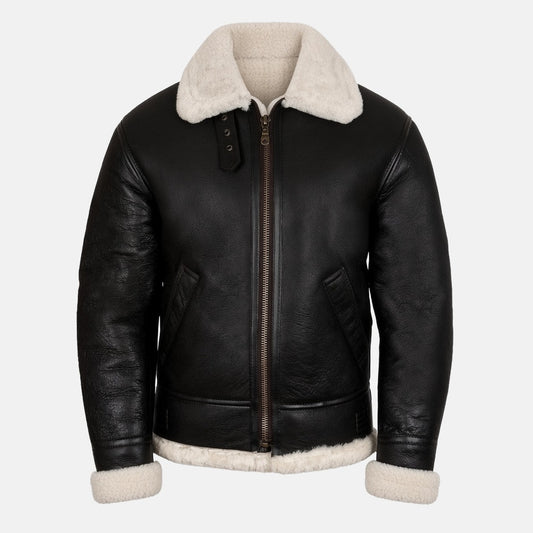 Men's Black Leather Shearling-Style Bomber Jacket with Faux Fur Lining, front view