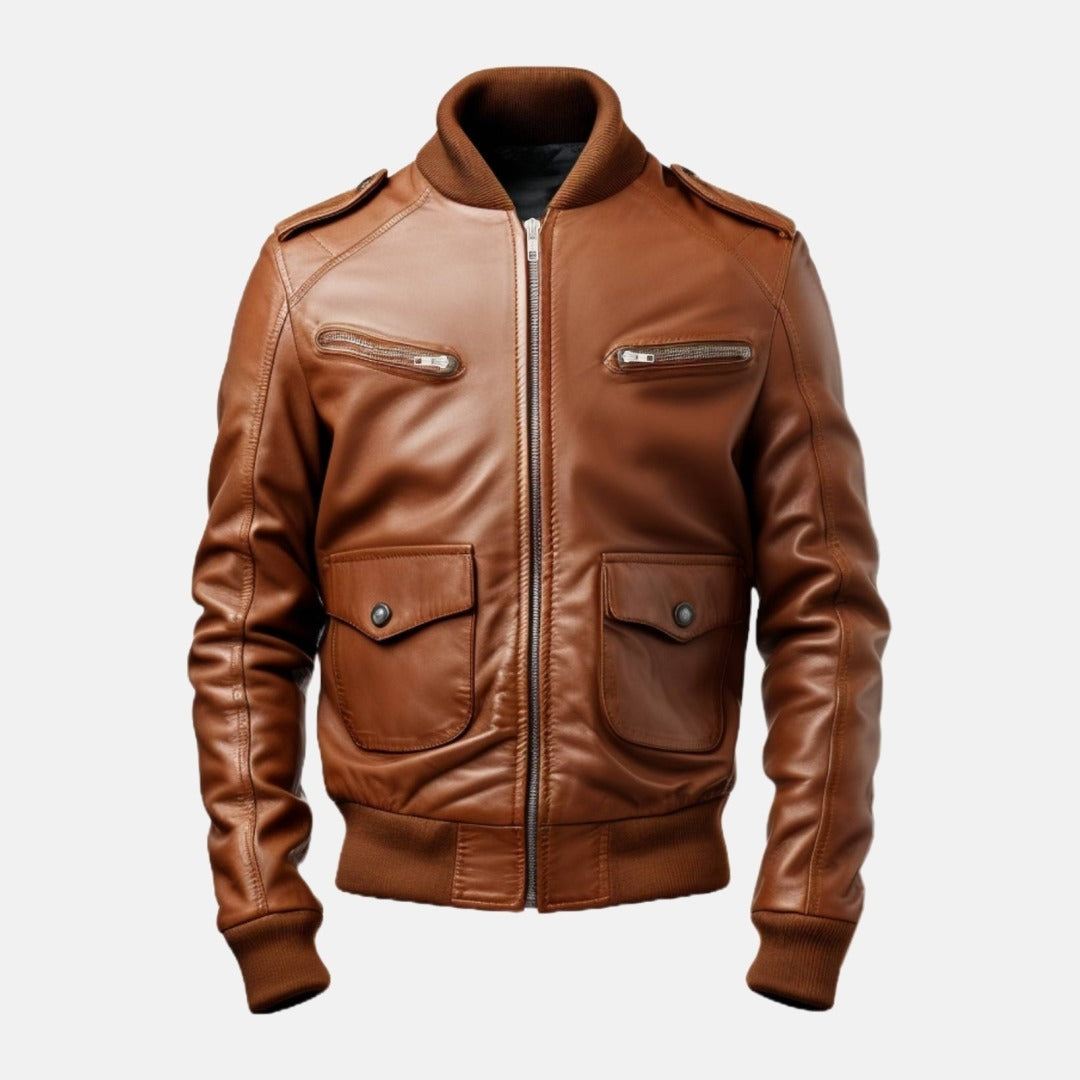 Men's Cognac Brown Leather Bomber Jacket with Zip Chest Pockets, front view