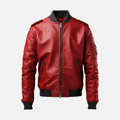 Men's Red Leather Bomber Jacket with Contrast Ribbed Collar, front view