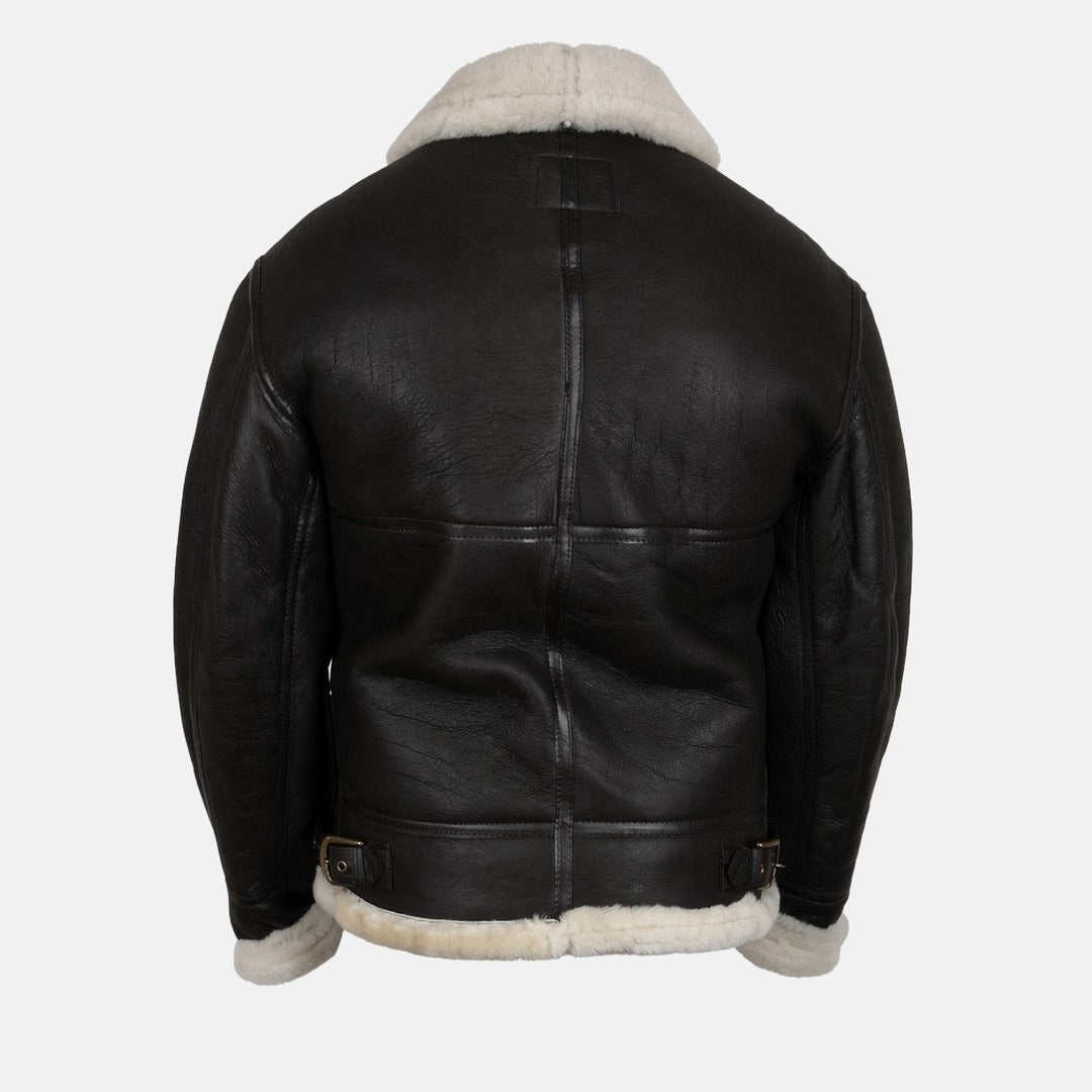 Men's Black Leather Shearling-Style Bomber Jacket with Faux Fur Lining, back view