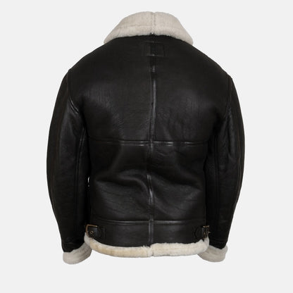 Men's Black Leather Shearling-Style Bomber Jacket with Faux Fur Lining, back view